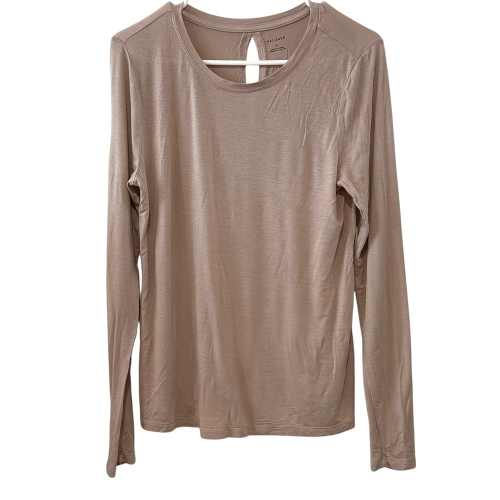 Halogen Medium Taupe Long Sleeve Keyhole Back Stretch Top